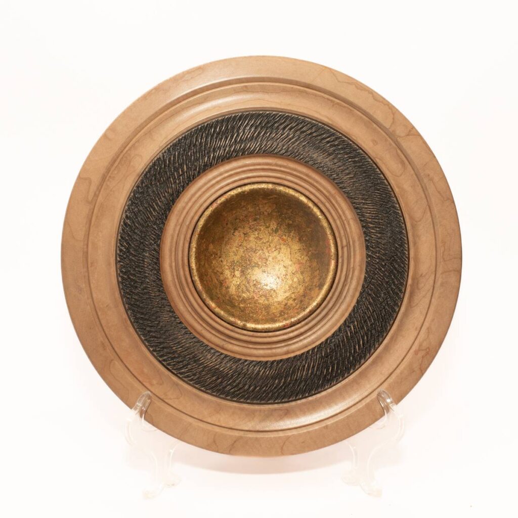 Round Wooden Plate with a Metallic Gold Center Bowl