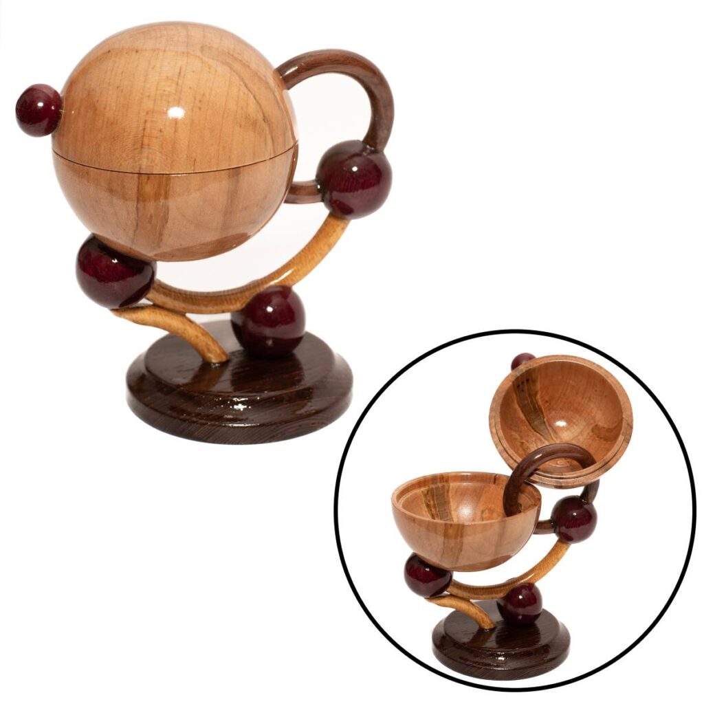 Artistic Wooden Container Shaped Like a Globe with a Handle
