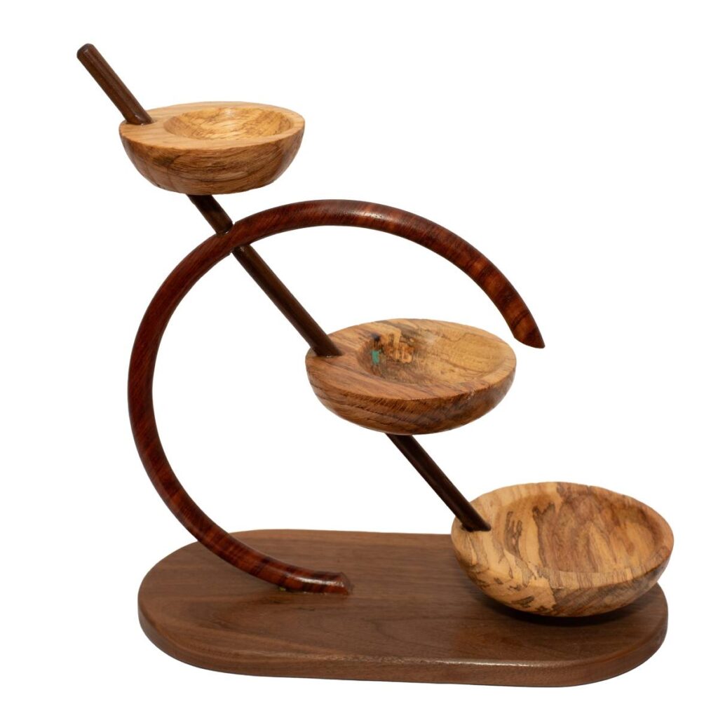 Artistic Wooden Display Stand with Three Small Bowls Attached to a Slanted Rod