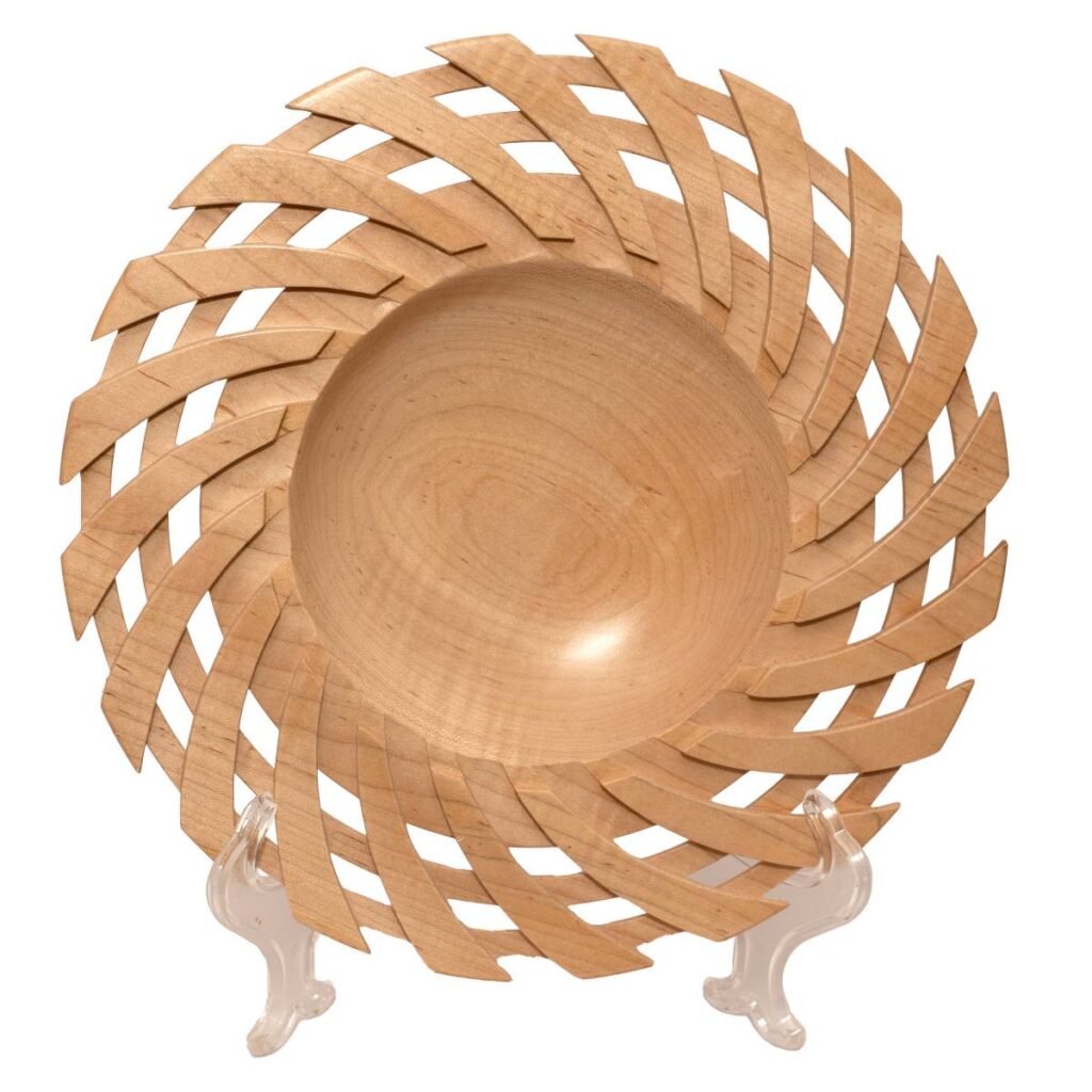 Decorative Wooden Bowl with Intricate Interlocking Cutout Rim Pattern Displayed on a Stand