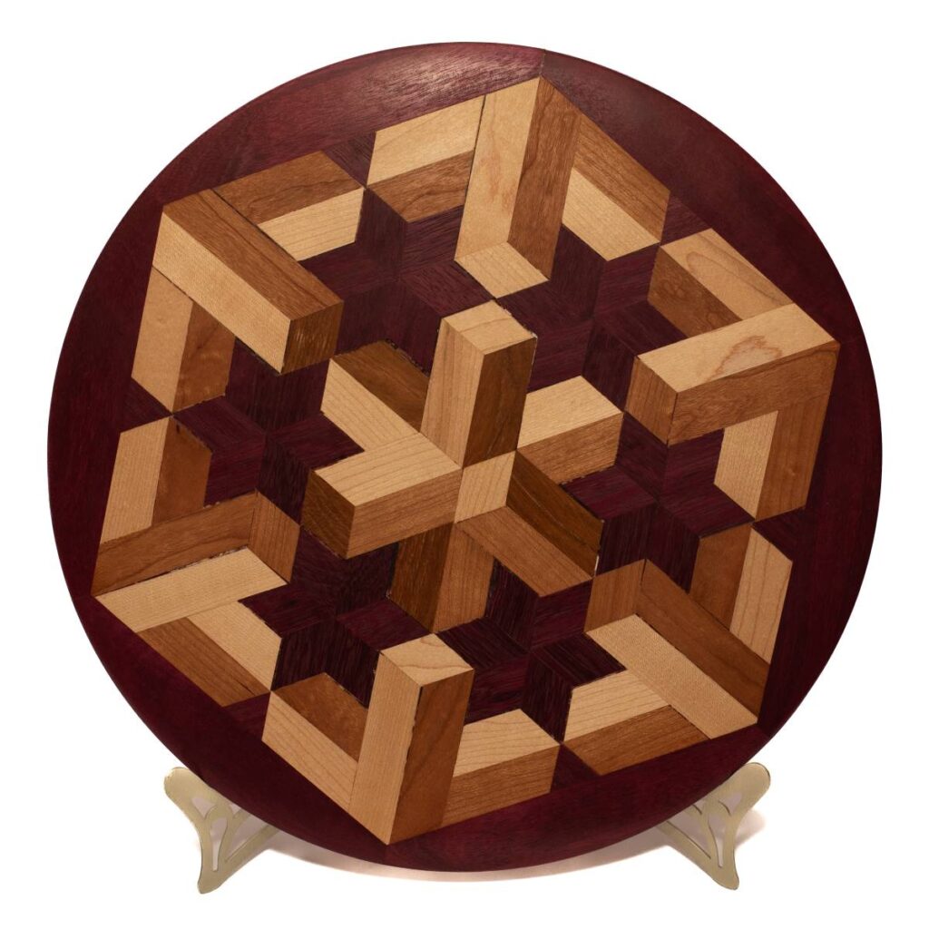 Round Wooden Plate with Intricate Geometric Pattern in Light