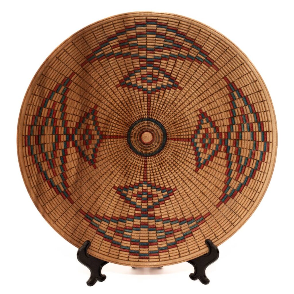 Round Wooden Plate with Intricate Mosaic Pattern