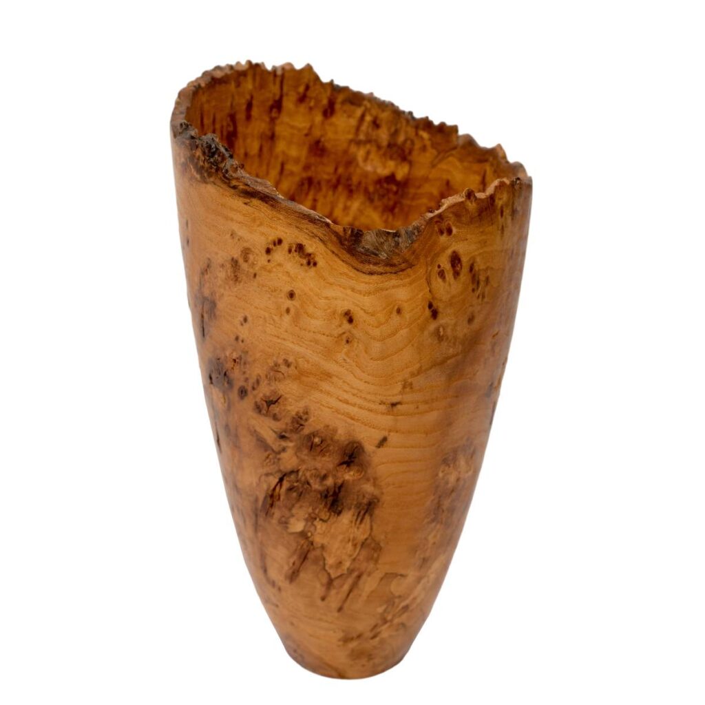 Tall Handcrafted Wooden Vessel with Natural Burl Texture and Jagged Rim