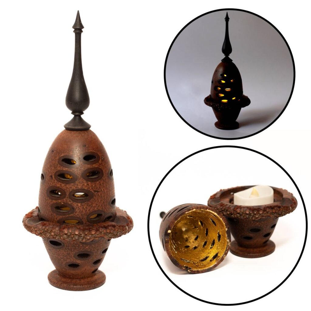 Ornate Wooden Lantern with Carved Holes