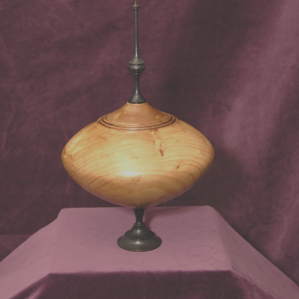 Elegant Wooden Lidded Vessel with Tall Black Finial