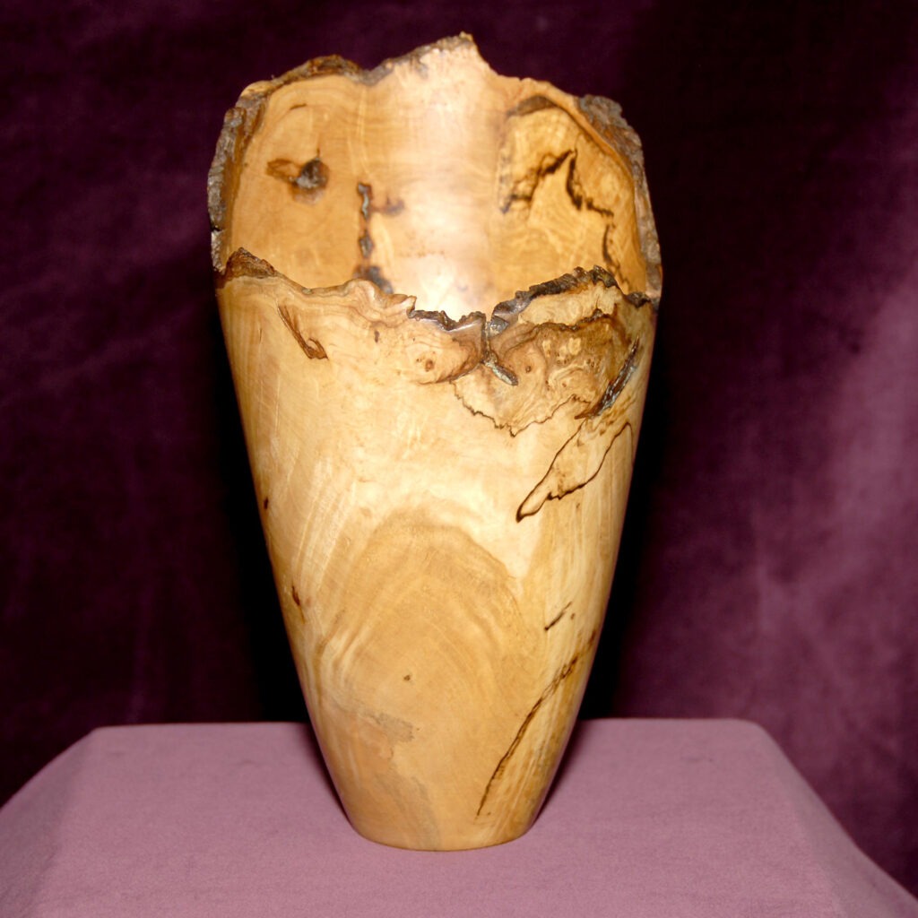 Tall Natural Edge Wooden Vessel with a Light Wood Tone
